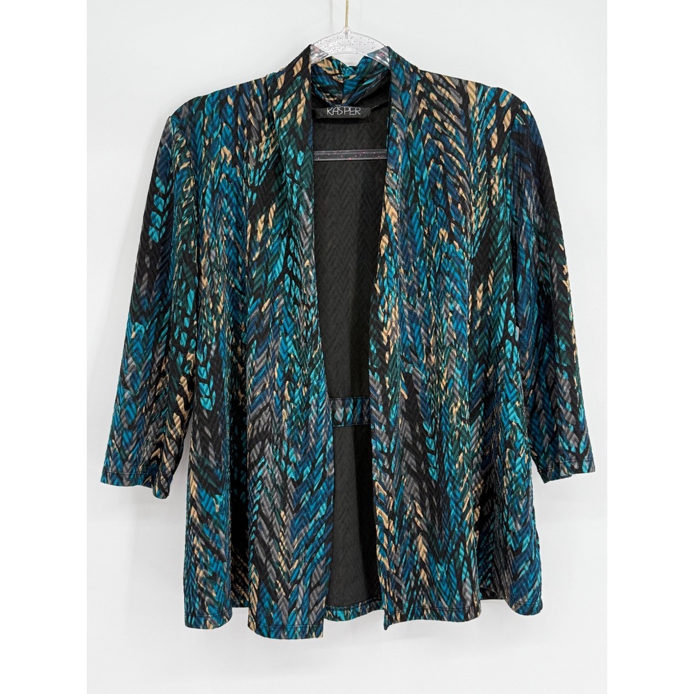 Kasper Womens Petite Sz PM Open Front Cardigan Teal Blue Gold Chevron 3/4 Sleeve